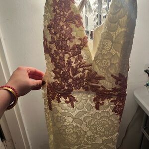 Fashion Nova Cream and Brown Lace Backless Dress